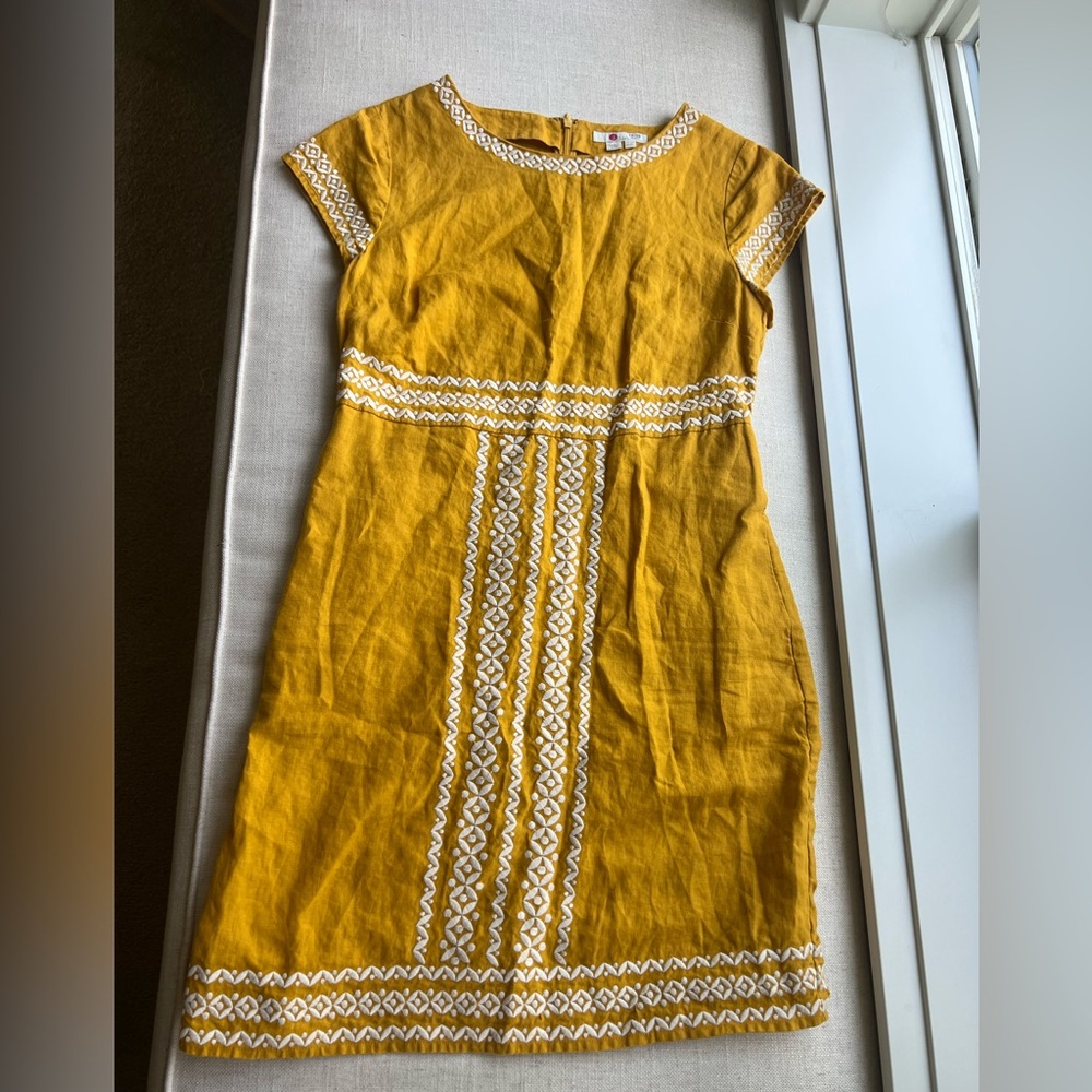 Boden Laura 100% Linen Embroidered Shift Dress in Tuscan Sun Yellow - Size 8 - Picture 4 of 12
